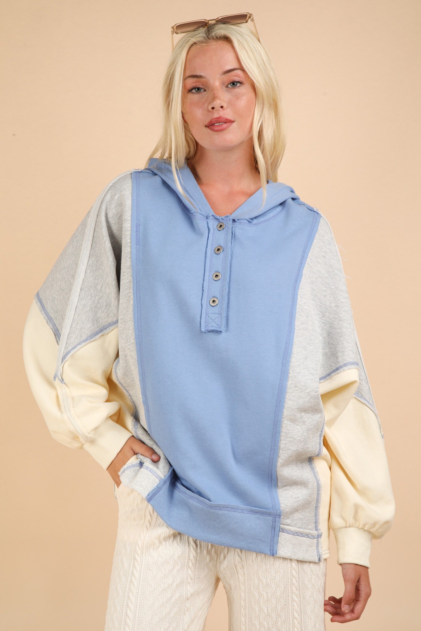 VERY J Exposed Seam Color Block Half Button Hoodie Blue