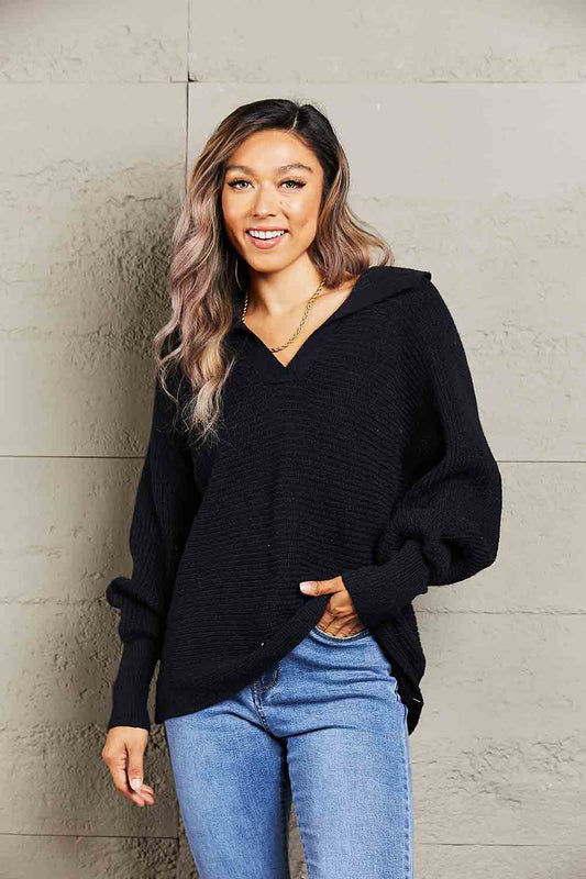 Horizontal Ribbing Johnny Collar Sweater Black