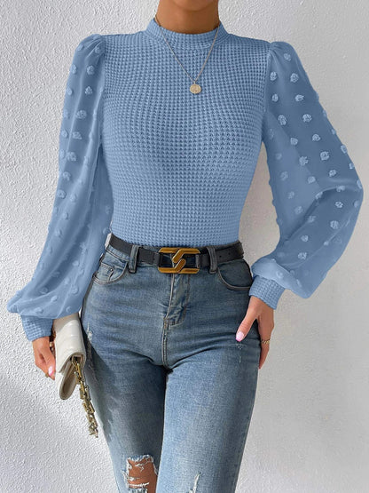 Swiss Dot Waffle-Knit Lantern Sleeve T-Shirt Light Blue