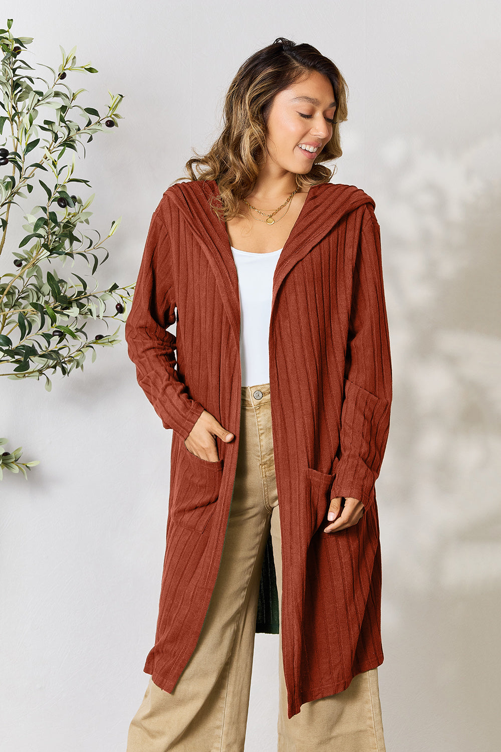 Basic Bae Full Size Hooded Sweater Cardigan Rust