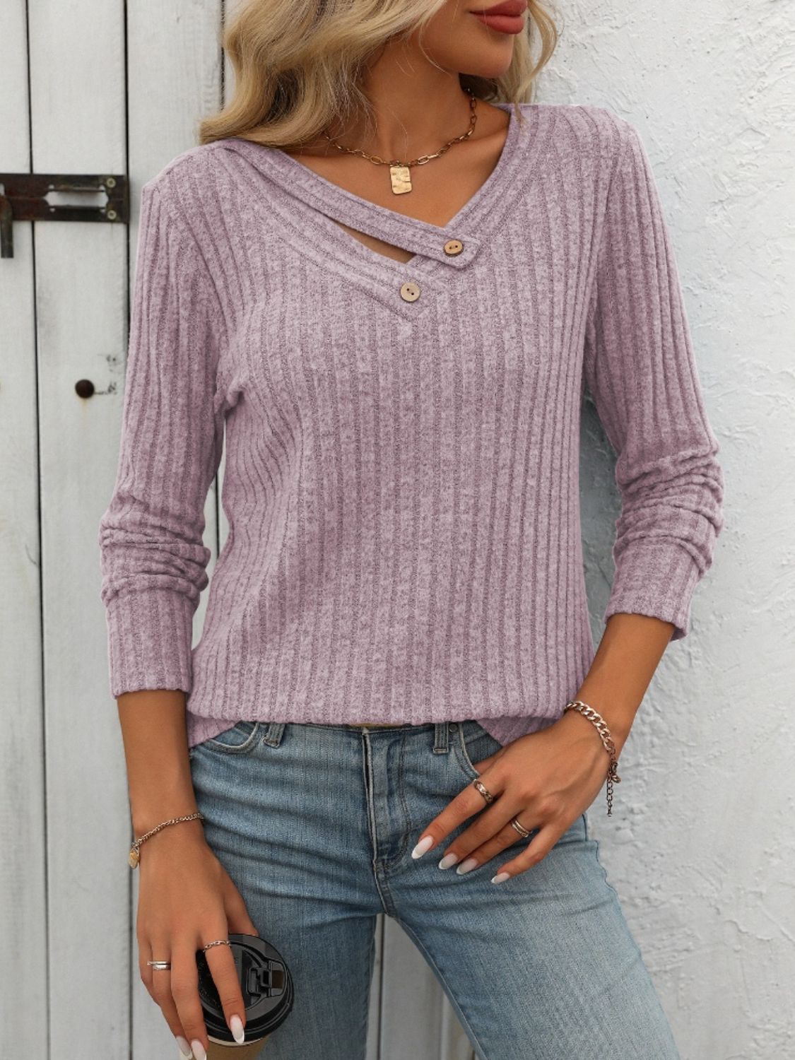 Ribbed V-Neck Long Sleeve T-Shirt Moonlit Mauve