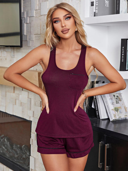 Scoop Neck Wide Strap Tank and Shorts Lounge Set Burgundy