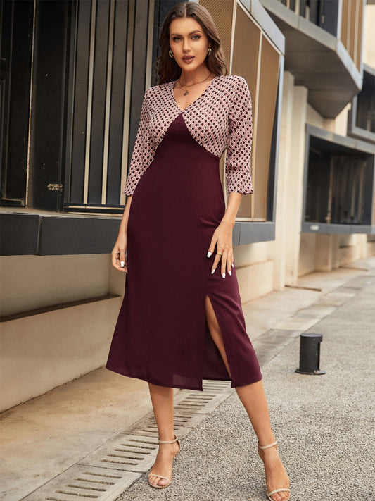 Slit V-Neck Three-Quarter Sleeve Midi Dress