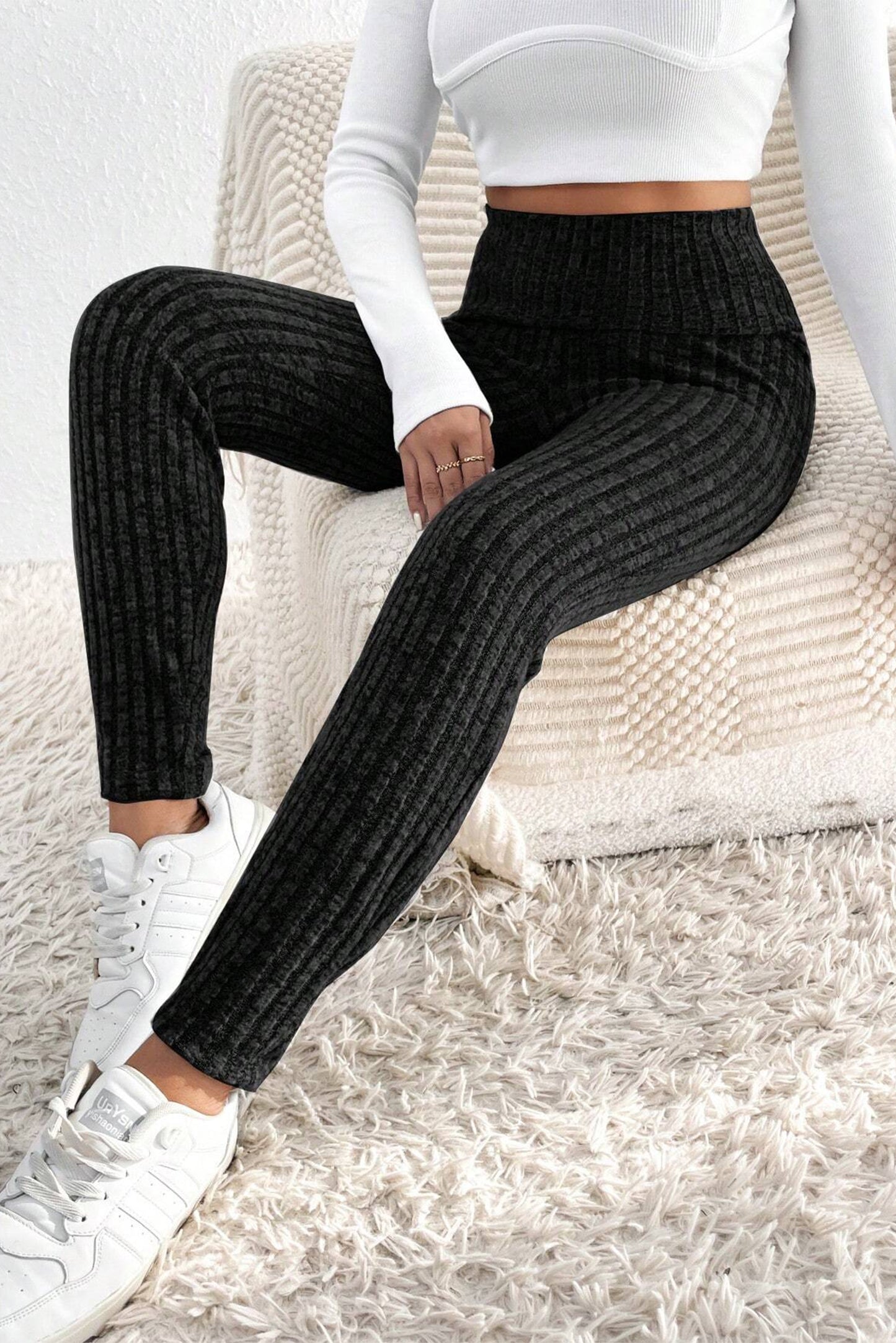 Black Wide Waistband Ribbed Textured Knit Leggings Black 95%Polyester+5%Elastane