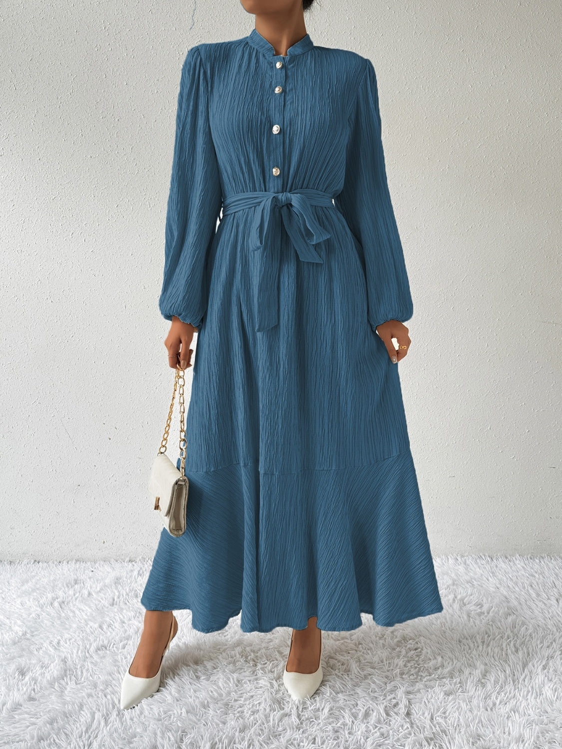 Tie Waist Long Sleeve Dress - Thandynie