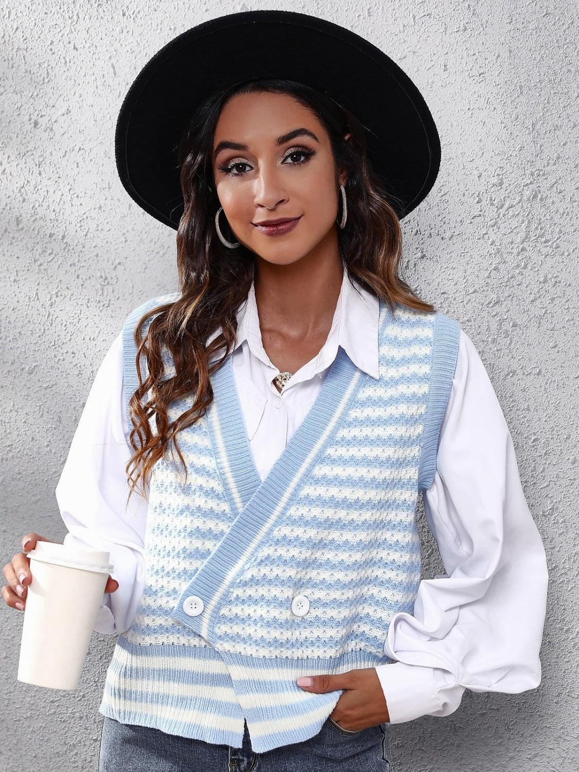 Striped Button Up V-Neck Sweater Vest Light Blue