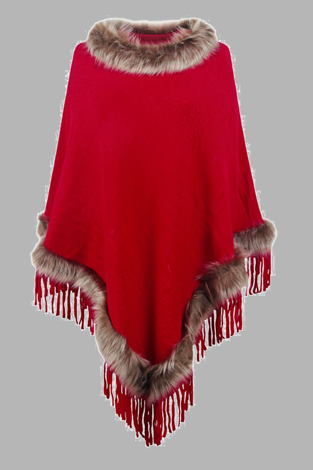 Faux Fur Trim Fringed Poncho Deep Red One Size