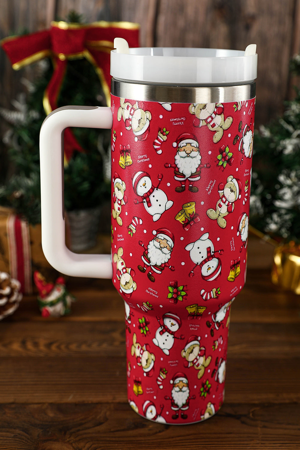 40oz Fiery Red Christmas Print Handled Stainless Steel Tumbler