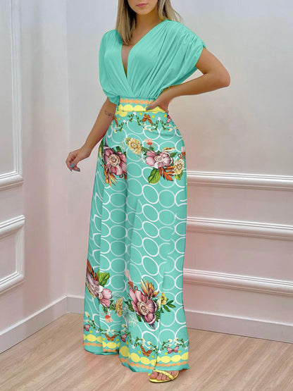 Printed Surplice Top and Wide Leg Pants Set Teal