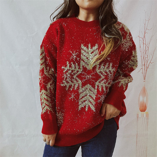 Snowflake Pattern Long Sleeve Sweater Red