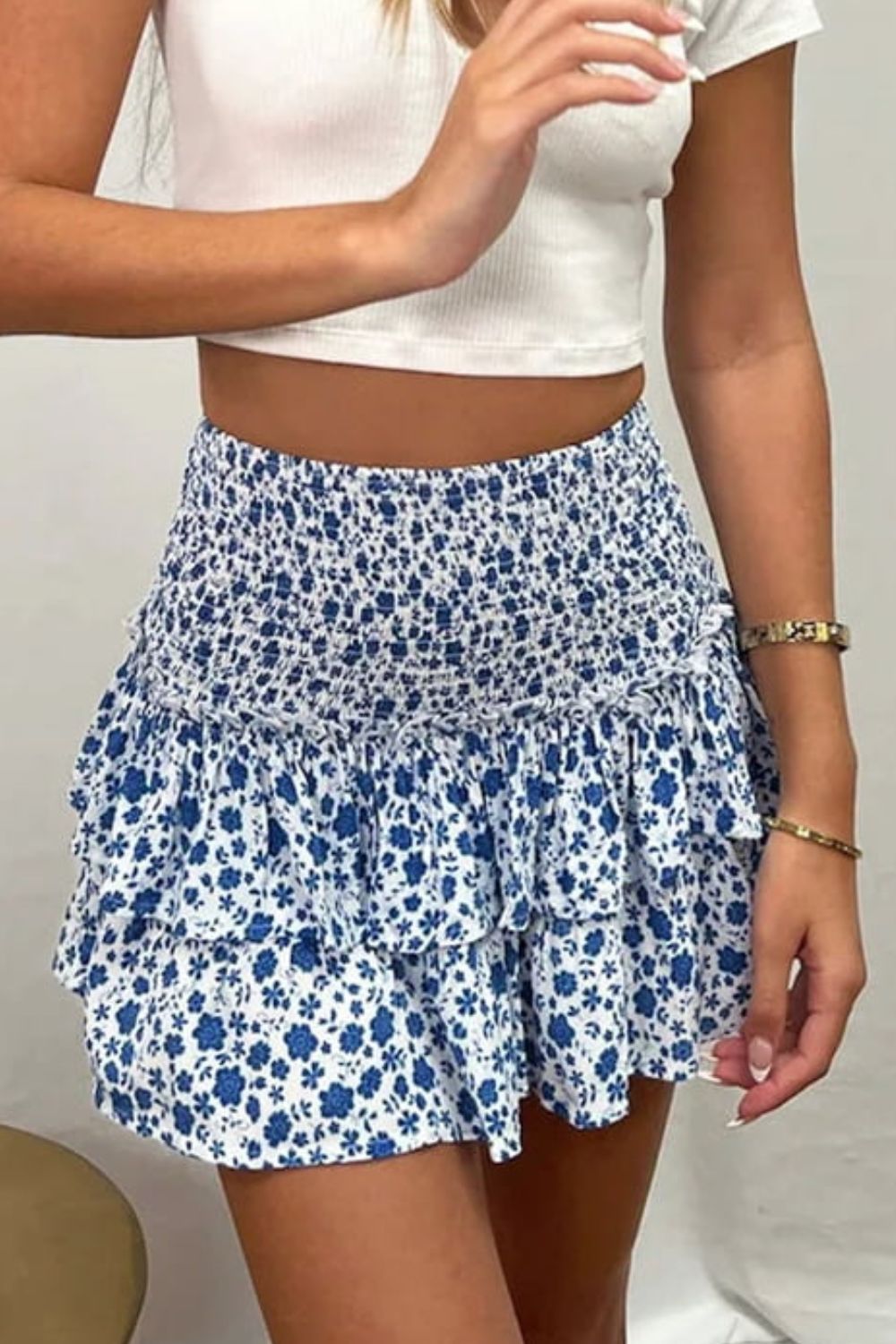Printed Frill Trim Smocked Mini Skirt Pastel Blue