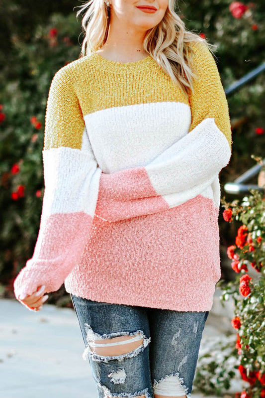 Plus Size Color Block Round Neck Sweater Yellow