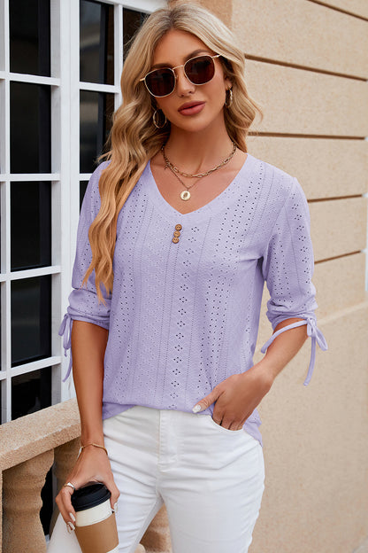 Eyelet Drawstring V-Neck Half Sleeve T-Shirt