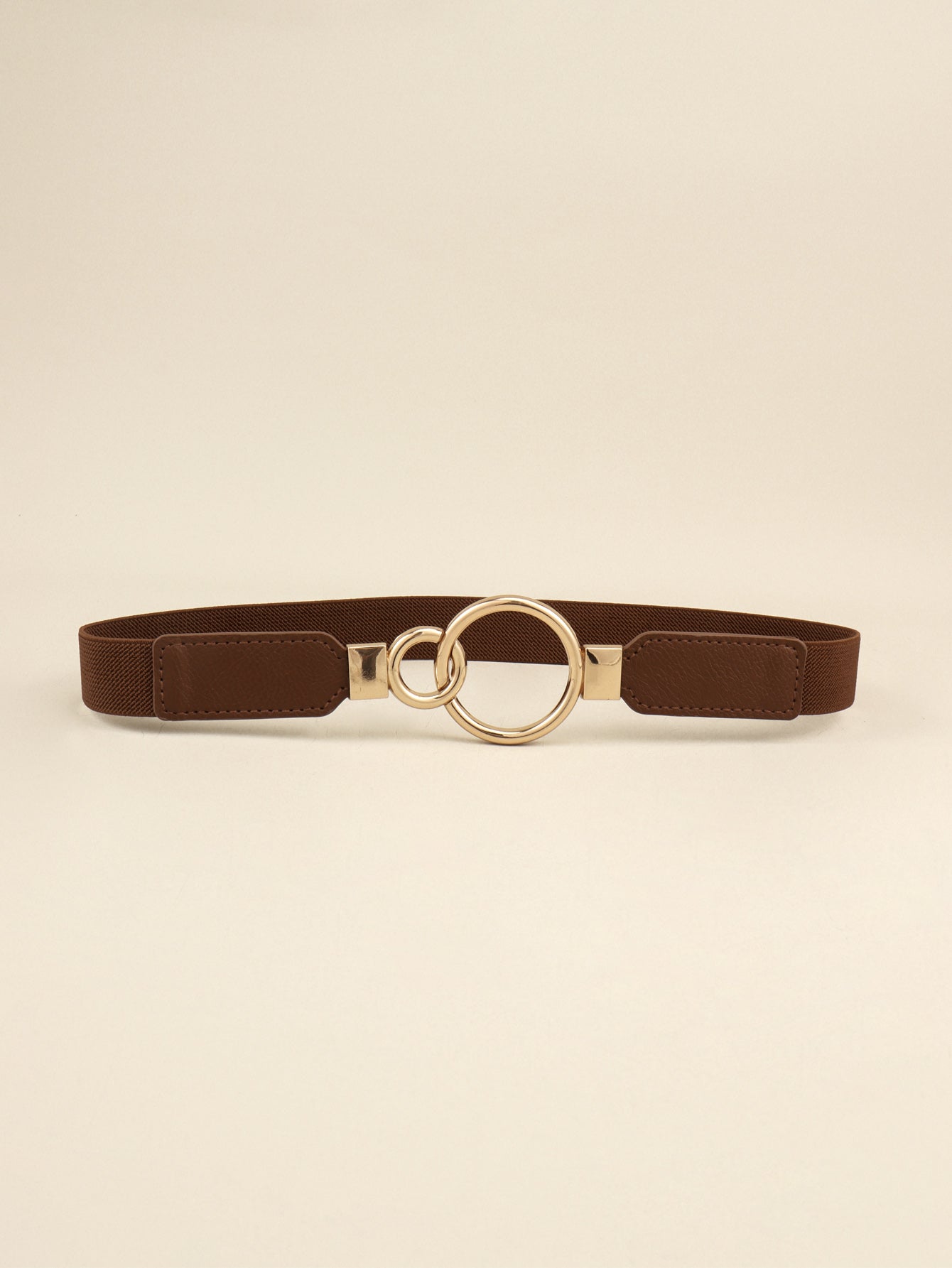 Double Ring Buckle Elastic PU Belt Chocolate One Size