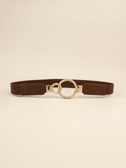 Double Ring Buckle Elastic PU Belt Chocolate One Size