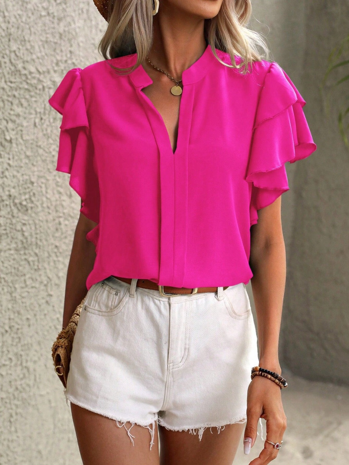 Ruffled Notched Short Sleeve Blouse Hot Pink