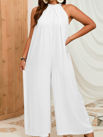 Plus Size Sleeveless Halter Neck Wide Leg Jumpsuit White