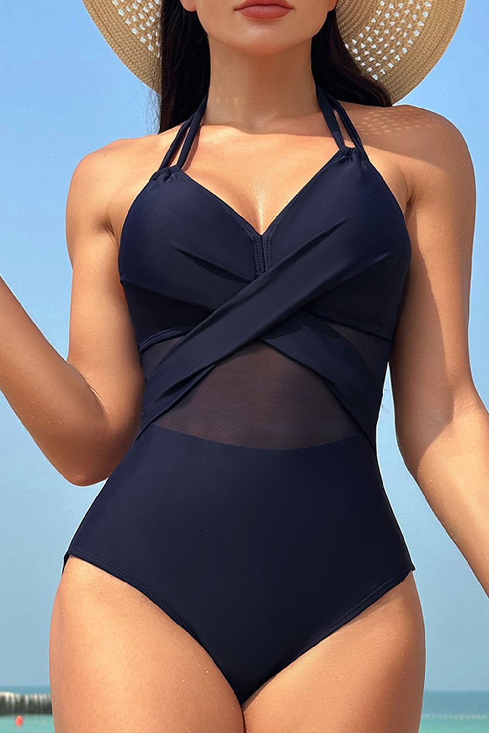 Navy Blue Halter Mesh Insert Cross Front One-Piece Swimsuit Navy Blue 80%nylon+20%spandex