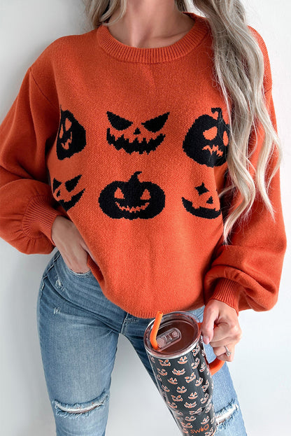 Orange Halloween Pumpkin Face Pattern Drop Shoulder Sweater Orange 50%Viscose+28%Polyester+22%Polyamide