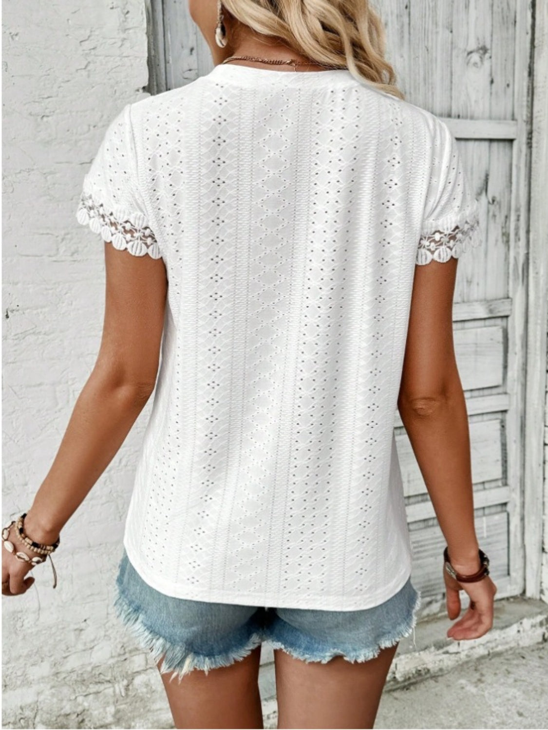 Lace Detail Round Neck Short Sleeve Blouse