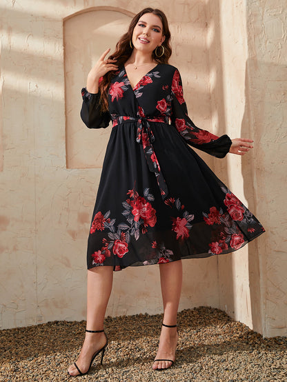 Plus Size Floral Surplice Neck Tie Waist Dress Black