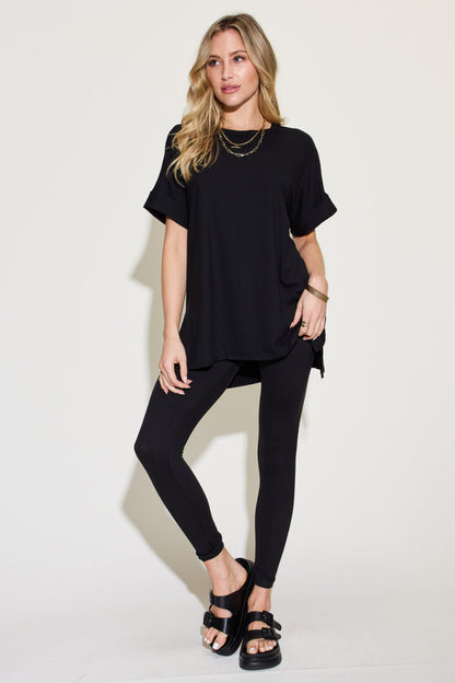 Zenana Plus Size Short Sleeve Slit T-Shirt and Leggings Lounge Set Black