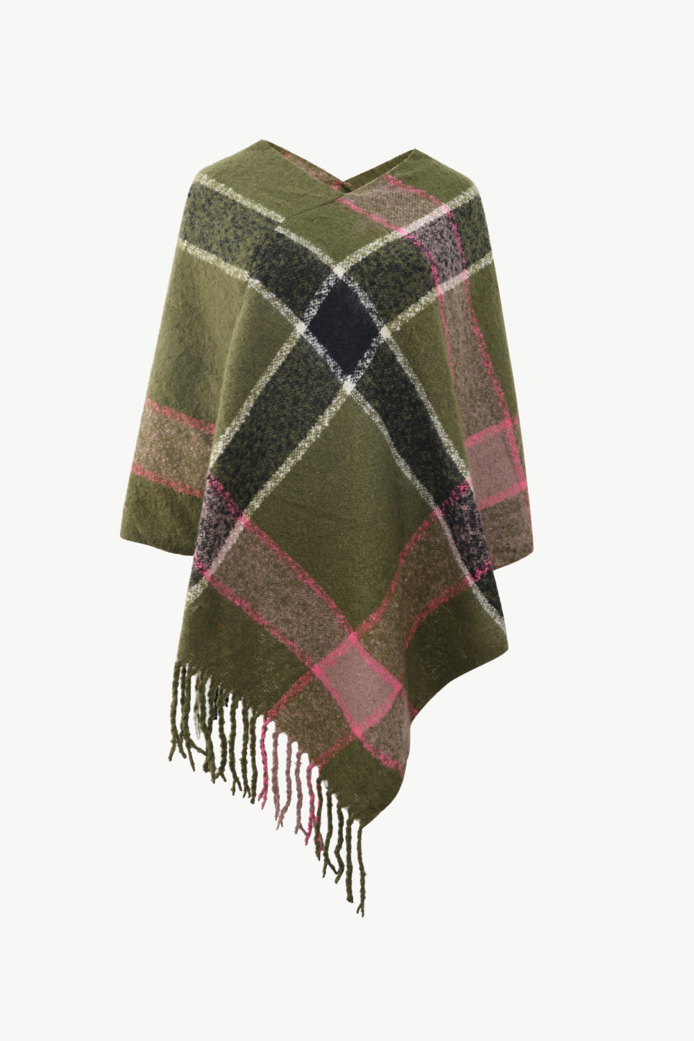 Plaid Fringe Detail Poncho Army Green One Size