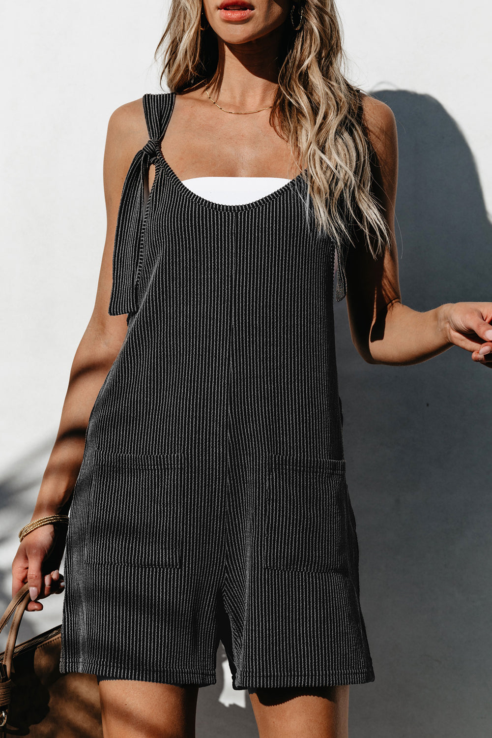 Dark Grey Striped Print Knotted Straps Pocketed Romper