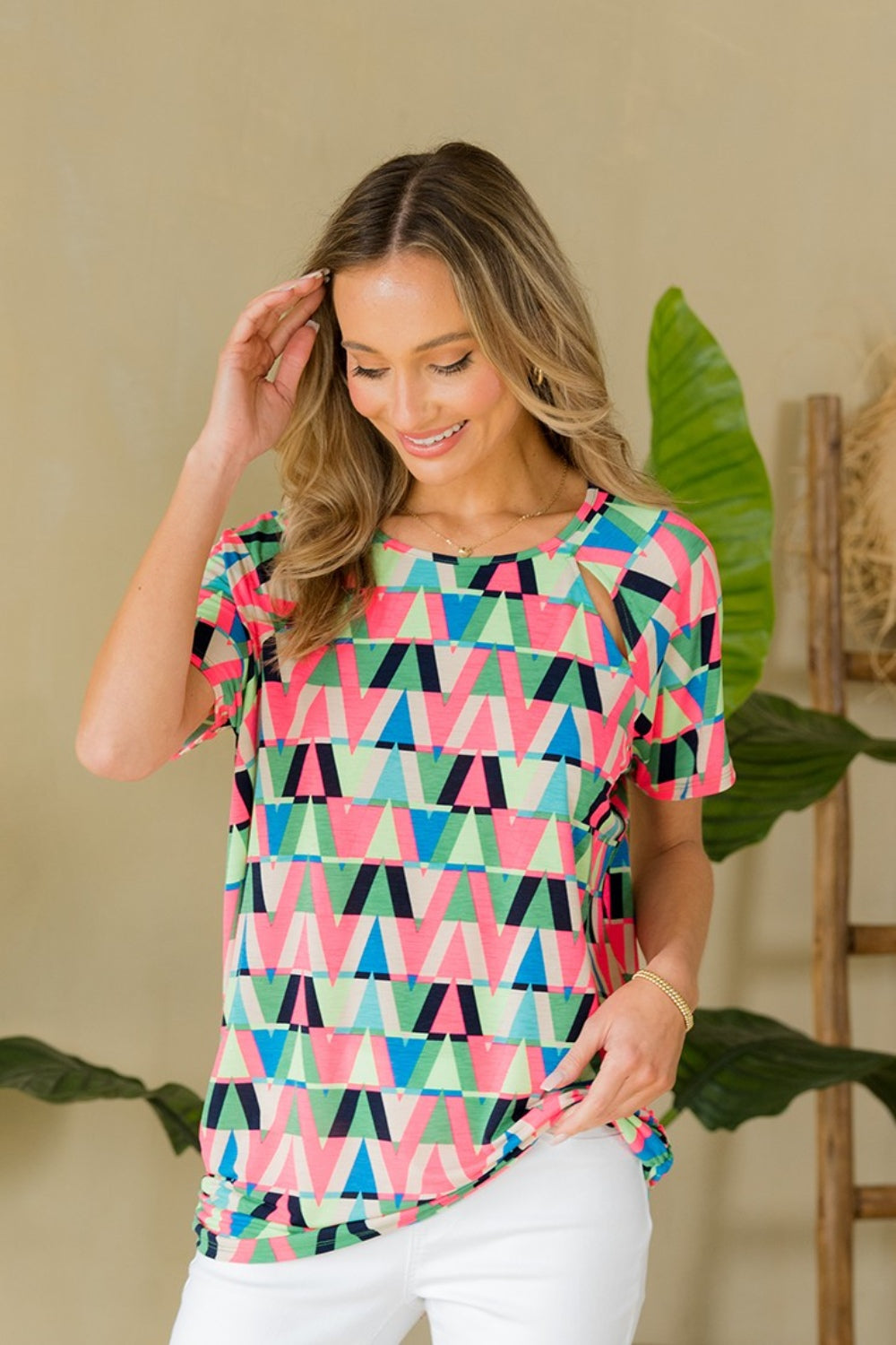 Sew In Love Full Size Geometric Round Neck Top Green N.Pink