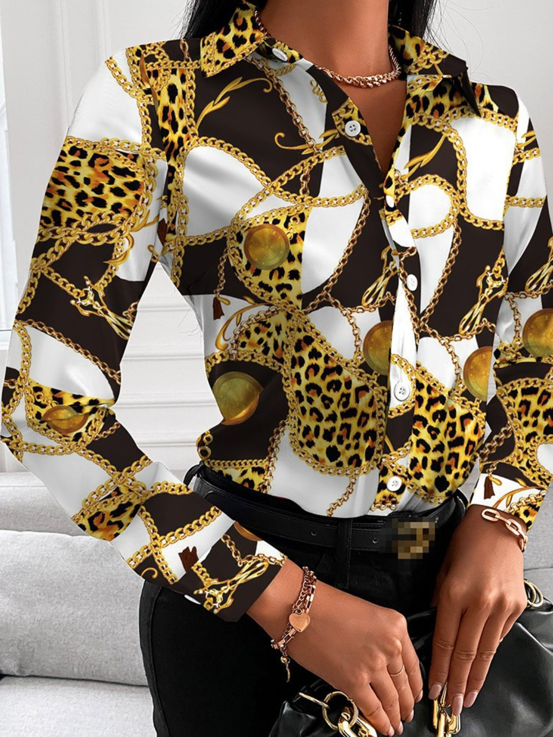 Printed Collared Neck Long Sleeve Shirt Mustard