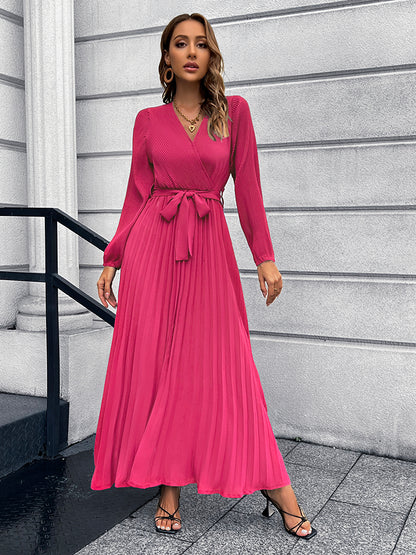 V-Neck Tie Waist Pleated Maxi Dress Hot Pink