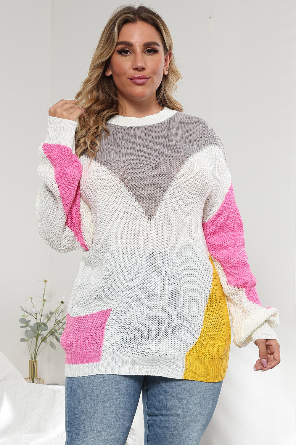 Plus Size Color Block Round Neck Sweater White