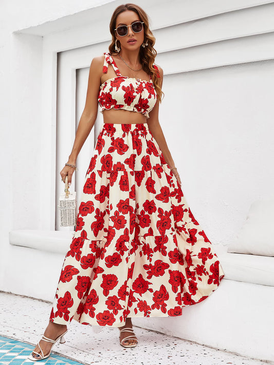 Floral Tie Shoulder Top and Tiered Maxi Skirt Set Deep Red
