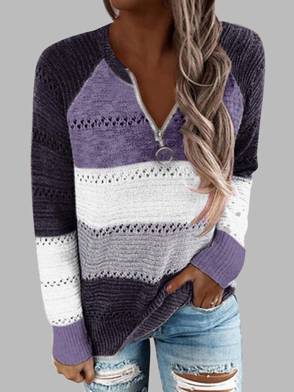 Full Size Color Block Half Zip Sweater Lavender