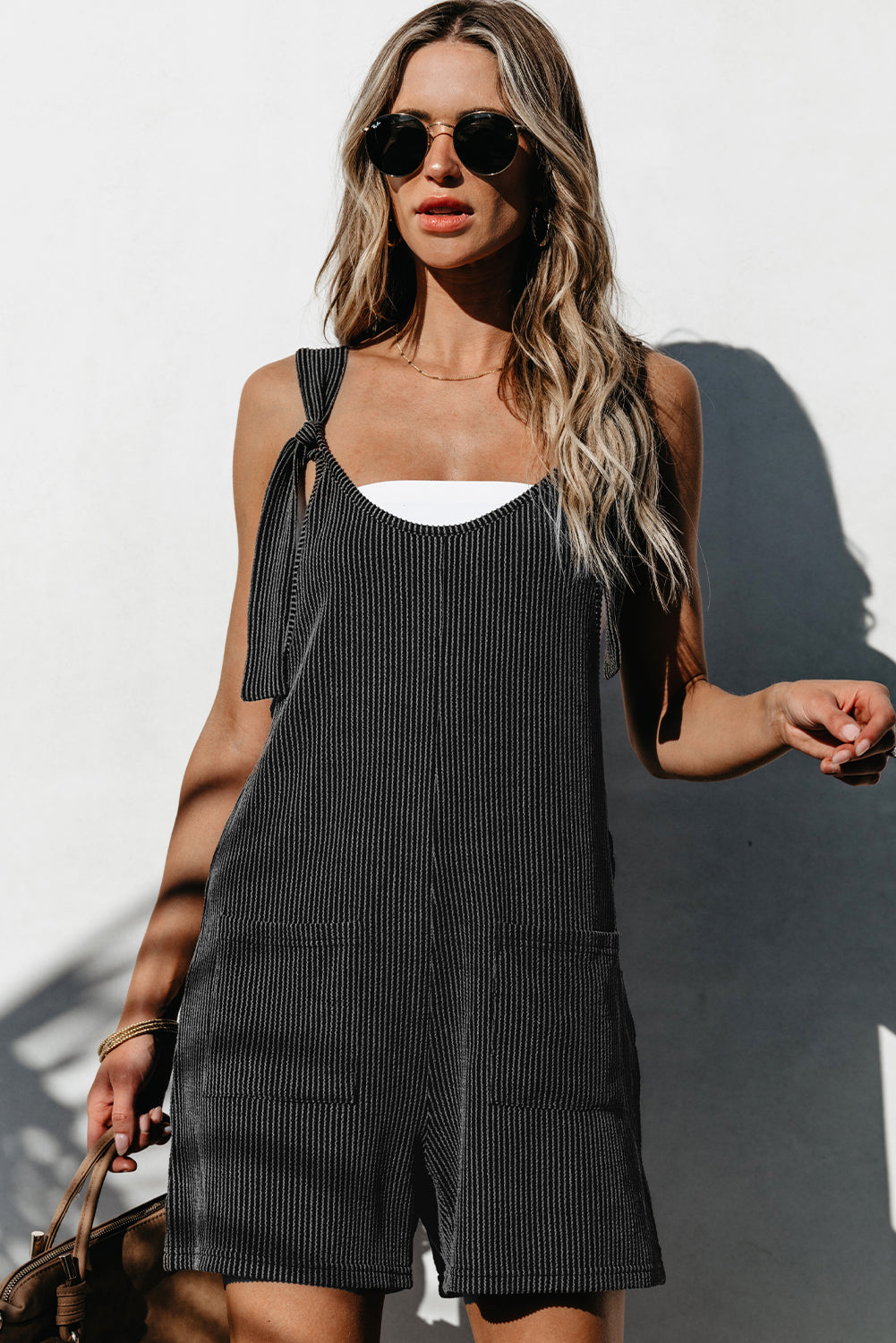 Dark Grey Striped Print Knotted Straps Pocketed Romper