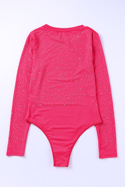 Rose Rhinestone O-neck Long Sleeve Bodysuit