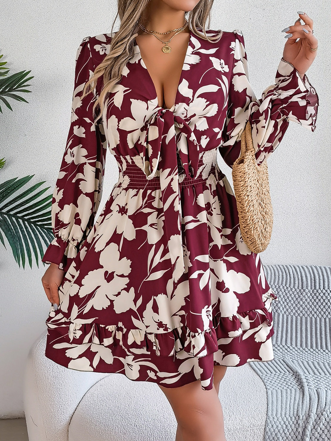 Tied Ruffled Printed Long Sleeve Dress - Thandynie