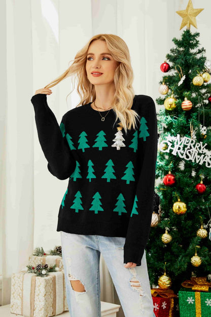 Christmas Tree Round Neck Ribbed Trim Sweater Black