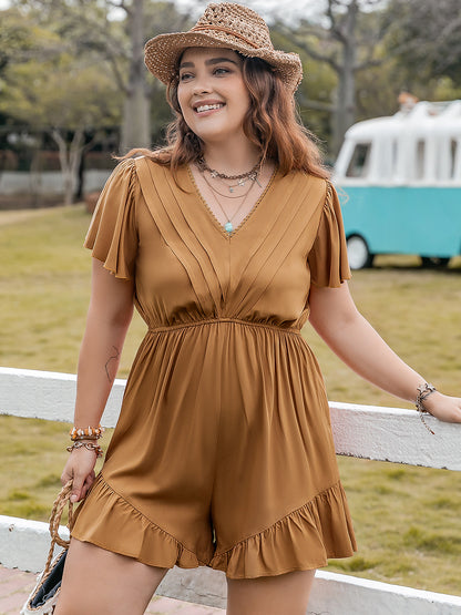 Plus Size Ruffled V-Neck Short Sleeve Romper Caramel