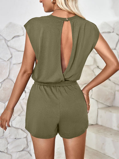 Cutout Round Neck Cap Sleeve Romper Matcha Green