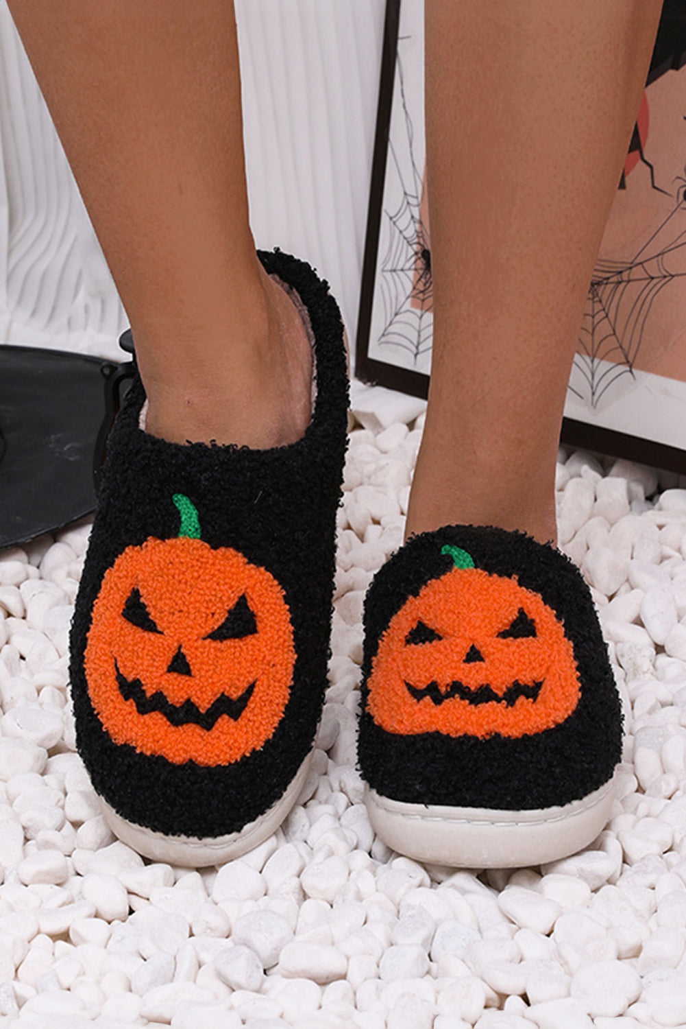 Black Halloween Pumpkin Print Plush Slippers Black 100%Polyester+100%TPR