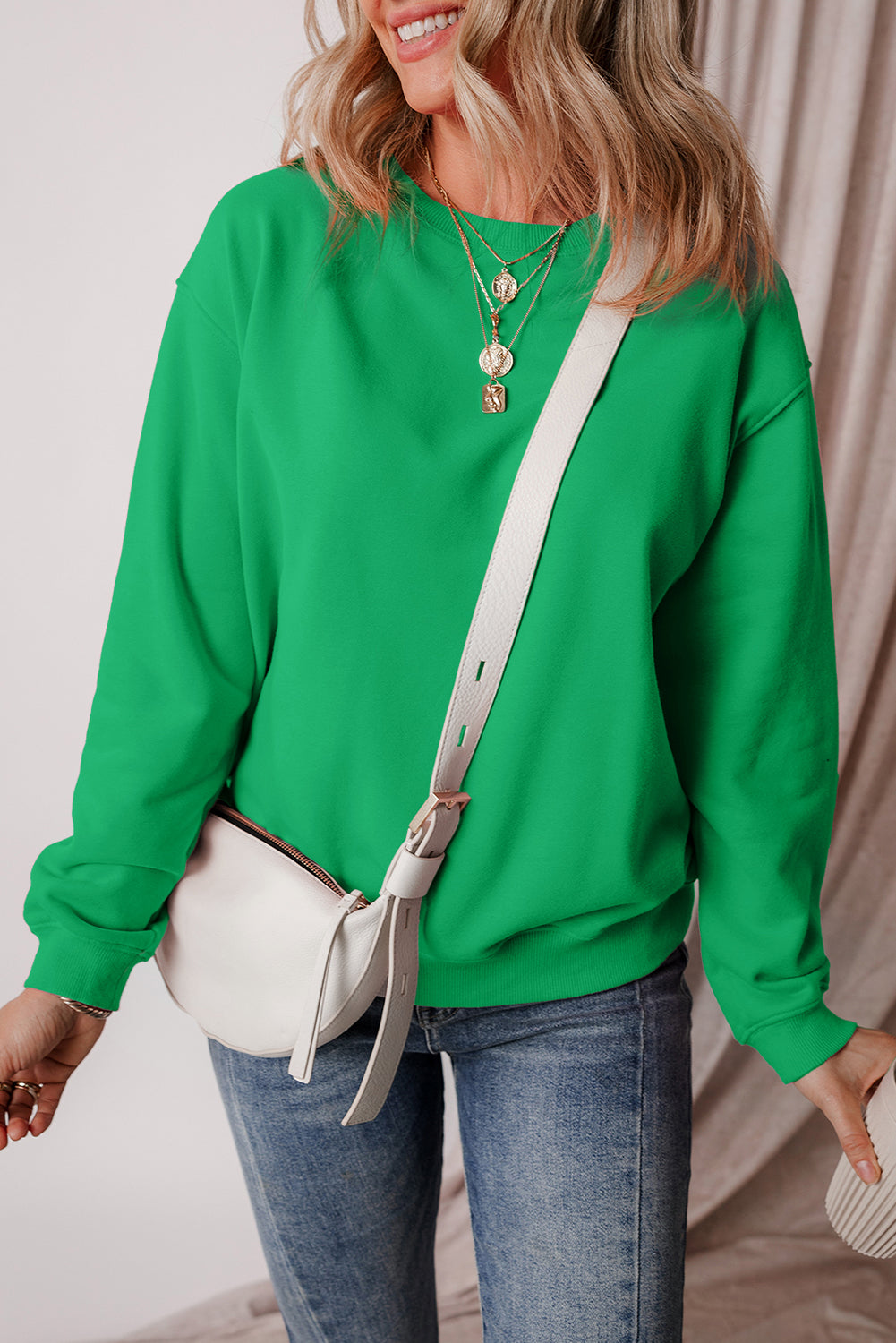 Dark Green Solid Fleece Lined Drop Shoulder Terry Sweatshirt