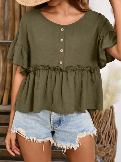 Frill Decorative Button Round Neck Half Sleeve Blouse Moss