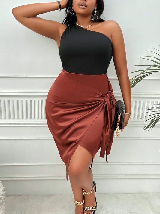 Plus Size One-Shoulder Sleeveless Tied Dress Chestnut