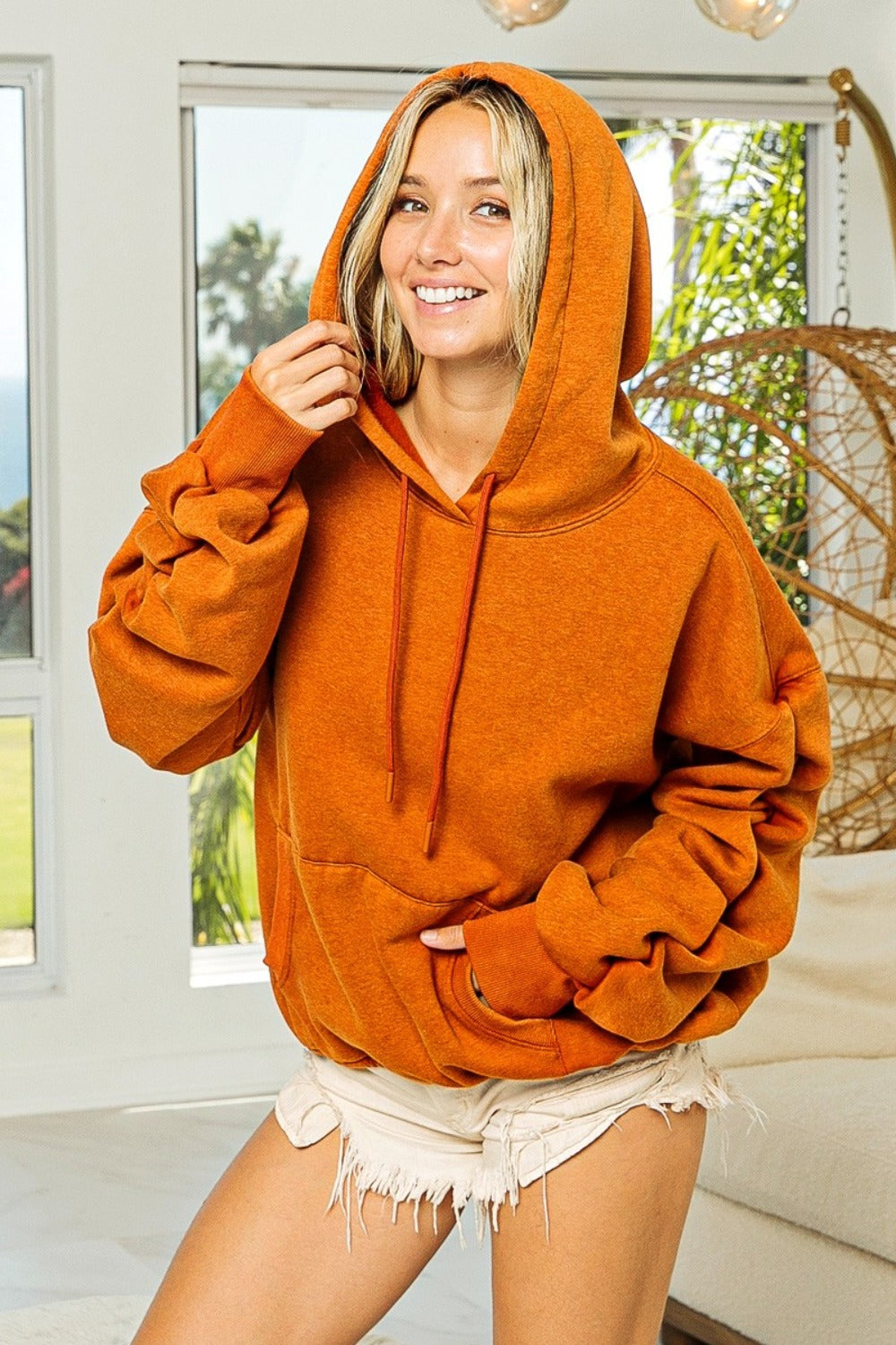 BiBi Ruched Long Sleeve Washed Fleece Hoodie Vintage Rust