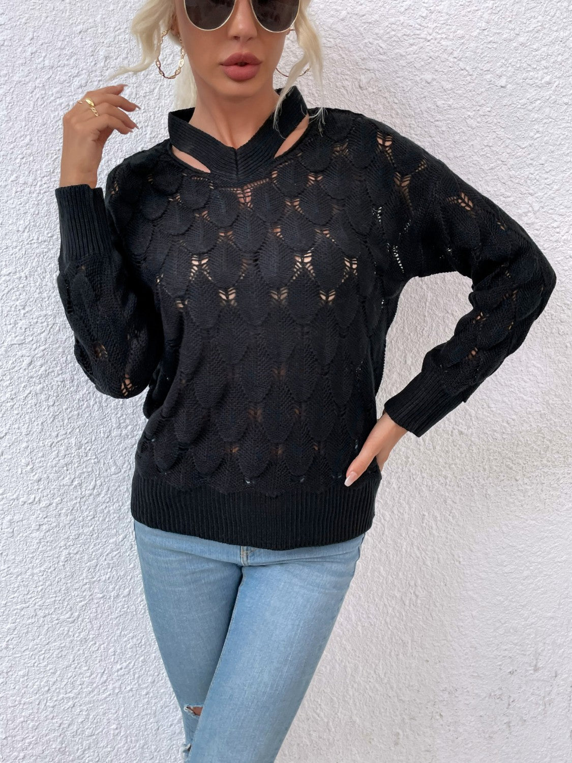 Openwork Cutout Dropped Shoulder Sweater Black