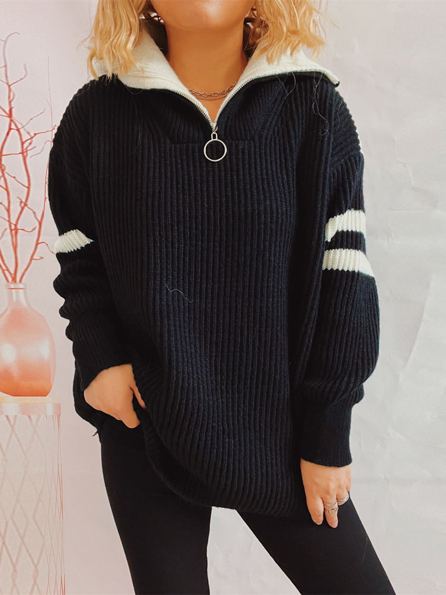 Ribbed Two-Tone Half Zip Sweater Black