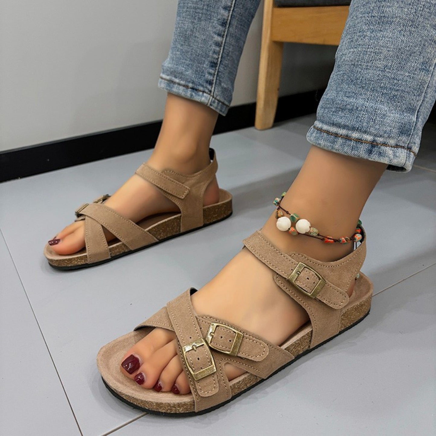 Open Toe Flat Buckle Sandals Khaki