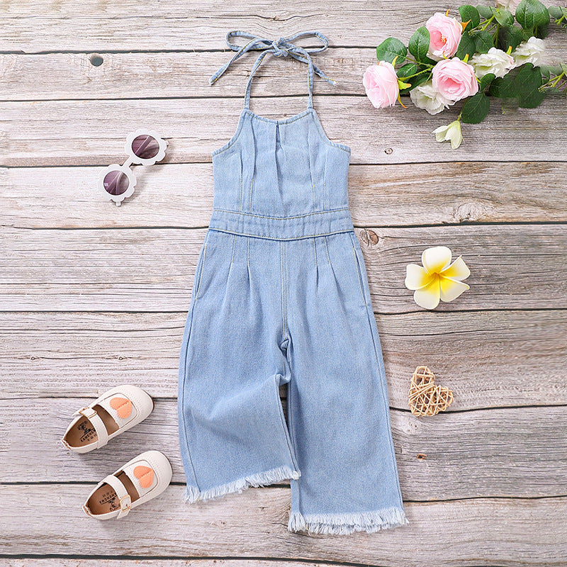 Girls Hollow-out Camisole Denim Jumpsuit Sky Blue