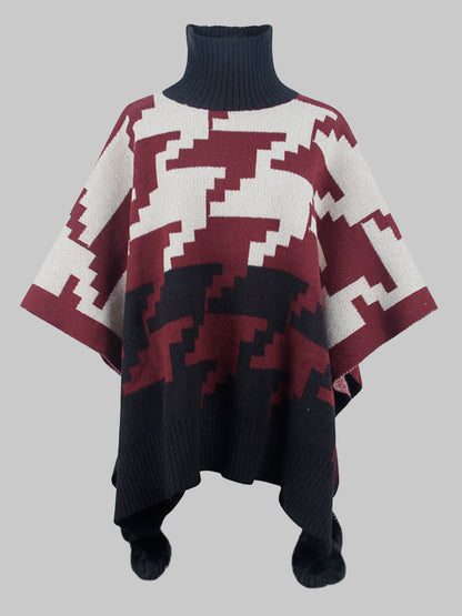 Turtleneck Pom-Pom Trim Poncho Wine One Size